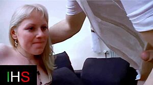 That blonde milf with blue eyes gets her shaved pussy licked then ass fucked missionary with cumshot on belly