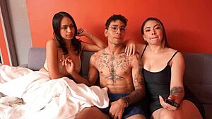 Brunette Latina Girlfriend Joins Threesome in Bedroom After Discovering Boyfriend Fucking Her Friend