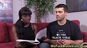 Ebony Slut in Heels Gets Facial After 3some Blowjob and Handjob with Monster Big Cock