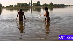 Czech big natural tits Erika and Karol flash outdoors in public European young adventure video