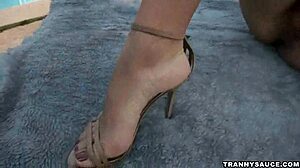 Busty Latina tranny babe masturbates by the pool