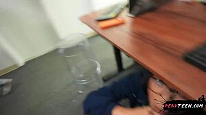 Teen Gives Sneaky Blowjob Under Table in Classroom with Deepthroat and Face Fucking