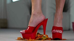 Why does this petite girl crush fruits with high heels in hot footfetish solo action?