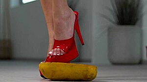 Why does this petite girl crush fruits with high heels in hot footfetish solo action?