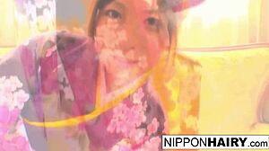 Japanese Geisha Tied Up for Hairy Pussy and Ass Play in Teen Brunette Babe Scene