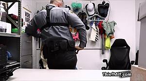 Aussie cougar bends over desk to ride police officer's big cock after lingerie theft bust