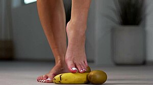 Why does this petite girl crush fruits with high heels in hot footfetish solo action?
