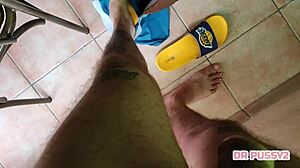 I feel so aroused by this slow-motion handjob and cumshot on my African lover's big tits