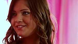 Brunette babe contrasts petite frame with intense scissoring alongside babysitter.