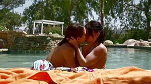 Nikki Delano and Sara Luvv contrast licking pussy at pool party