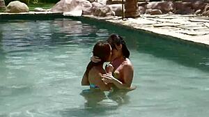 Nikki Delano and Sara Luvv contrast licking pussy at pool party