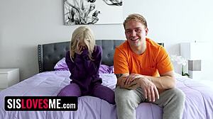 Innocent pierced girl rides cowgirl and takes anal doggystyle on sofa