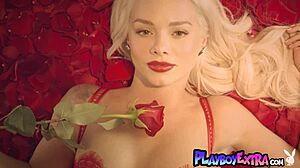 petite blonde teen elsa jean strips lingerie posing naked among red petals