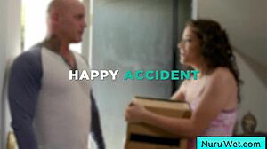 Curly teen brunette masseuse rubs wet pussy on clients back in nuru massage