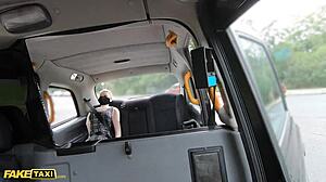 Fake taxi sex doll watches as cabbie cheats in backseat with tattooed brunette babe Natasha Ink getting rough blowjob deepthroat cumshot in public car