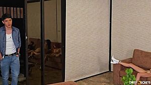 petite teen redhead rides cowgirl with girlfriend in 3some group sex including ass licking and muff diving