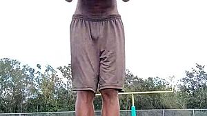 Sexy athletic black mature woman looks beautiful in homemade workout session with cute brunette roommate.