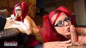 busty redhead lily b licks feet and gives a deep bj to swallow tasty cum