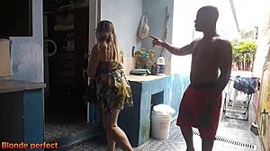 Brazilian mature maid catches boss jerking off and joins for first time interracial lingerie fun