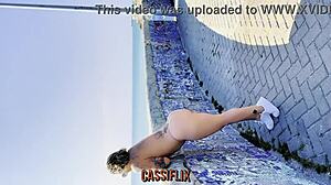 This blonde curvy milf with big tits and short hair flashes in public. She rides in doggystyle and gets ass to mouth action at home.