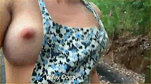 Wife dares to flash big tits with sideboob while running nude in public outdoor spot.