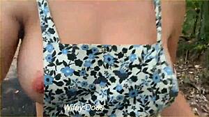 Wife dares to flash big tits with sideboob while running nude in public outdoor spot.