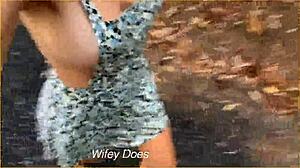 Wife dares to flash big tits with sideboob while running nude in public outdoor spot.