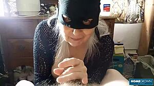 Busty granny suggests craving a taste of cum after sucking small cock in homemade interview.