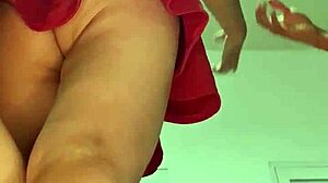 Hermanastra model in miniskirt bent over with hairy wet tight pussy during upskirt fitness session.