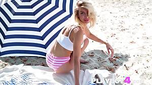 I feel so exposed and aroused as petite big ass blonde teen Eva Tali strips from bikini to naked outdoors