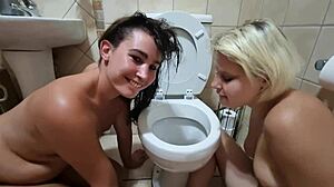 two toilet slaves eagerly lick the bowl craving your piss stream