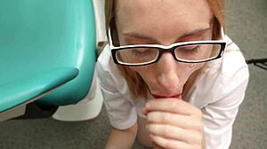 Dentist with glasses kneels down to suck cock until facial cumshot in hospital setting