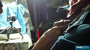 Busty granny suggests craving a taste of cum after sucking small cock in homemade interview.