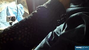 Busty granny suggests craving a taste of cum after sucking small cock in homemade interview.