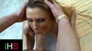 blonde milf with nice body gets licked and fucked in shaved pussy with cum in mouth