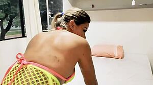 Bodybuilder Vagninho catches blonde stepmom Luna Oliveira making adult video. He barebacks her tight ass until anal creampie explosion.