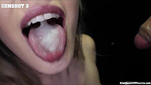 Sophia handles ten wild cumshots with tongue out swallowing every drop at gloryhole spot.