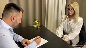 I take a huge facial from boss to land the secretary job as slutty wife