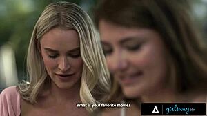 Blonde besties Adria Rae and Emma Hix scrapbook then engage in passionate outdoor scissoring and rimjob