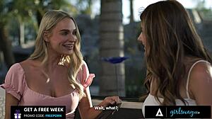 Blonde besties Adria Rae and Emma Hix scrapbook then engage in passionate outdoor scissoring and rimjob