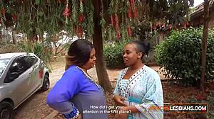 Whoa, these African milf lesbians are making out wildly in public at that house party!