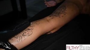 Intriguing tattooed brunette gets oiled massage then cowgirl riding missionary bent over doggystyle fucking with big tits blowjob