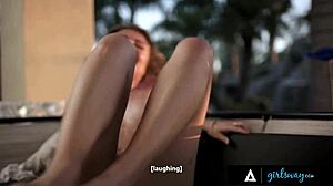 Blonde besties Adria Rae and Emma Hix scrapbook then engage in passionate outdoor scissoring and rimjob