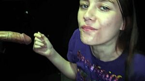 Sophia handles ten wild cumshots with tongue out swallowing every drop at gloryhole spot.