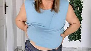 busty braless gilf mariaolds does a sporty groove strip dance with clothes ripping