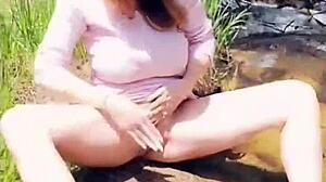 kat marie contrasts outdoor public thrill with big tits masturbation session