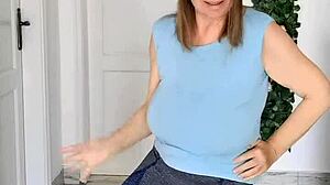 busty braless gilf mariaolds does a sporty groove strip dance with clothes ripping