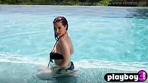 redhead milf elizabeth marxs casually slips off her bikini in a solo striptease session. she poses totally naked showing big ass and tits outdoors.