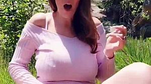 kat marie contrasts outdoor public thrill with big tits masturbation session
