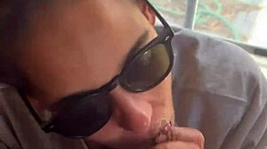 Lightskin ebony slut little 18+ step-sister giving blowjob in front of window gets facial cumshot